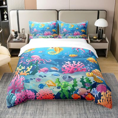 Castle Fairy Cute Octopus Duvet Cover Cartoon Hippocampus Bedding Set Room Decor Colorful Underwater World Comforter Cover Kawaii Fish Quilt Cover Full Size,2 Pillowcases,Comforter Not Included