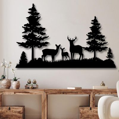 Deer Metal Art Wall Decor,Forest Deer Wall Decor Deer Family Metal Wall Art,Large Wall Decor,Black Wall Decor,Wall Decorations for Living Room,Bedroom,Bathroom (19"11"/4729cm)