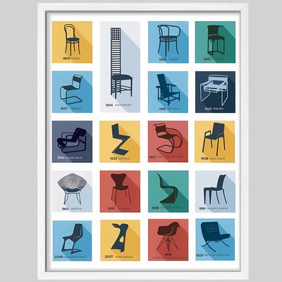 SIGNWIN Framed Poster Colorful Iconic Chair Designs Modern Decorative Multicolor for Living Room, Bedroom, Office - 12"x16" White