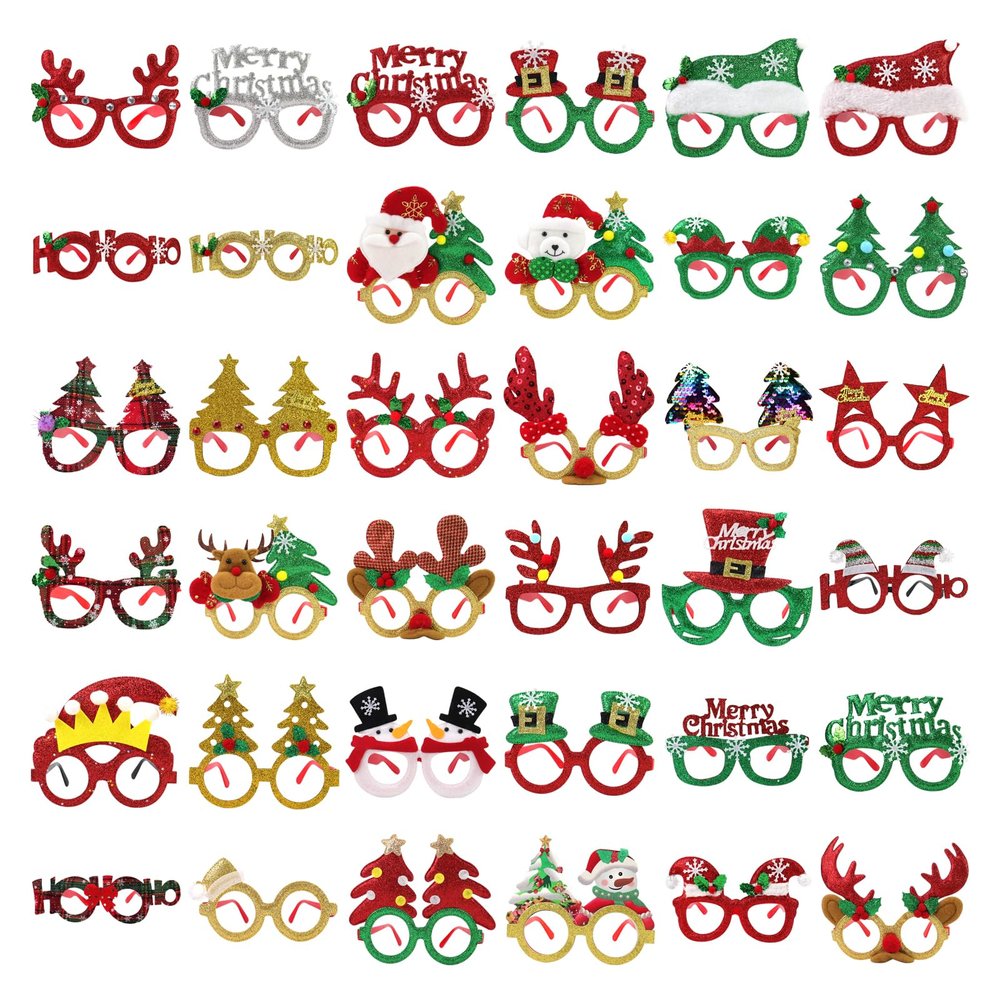 GoosWexmzl 36 Pcs Christmas Glasses Frames, Christmas Tree Santa Reindeer Glitter Eyeglasses, Holiday Favors Photo Booth props