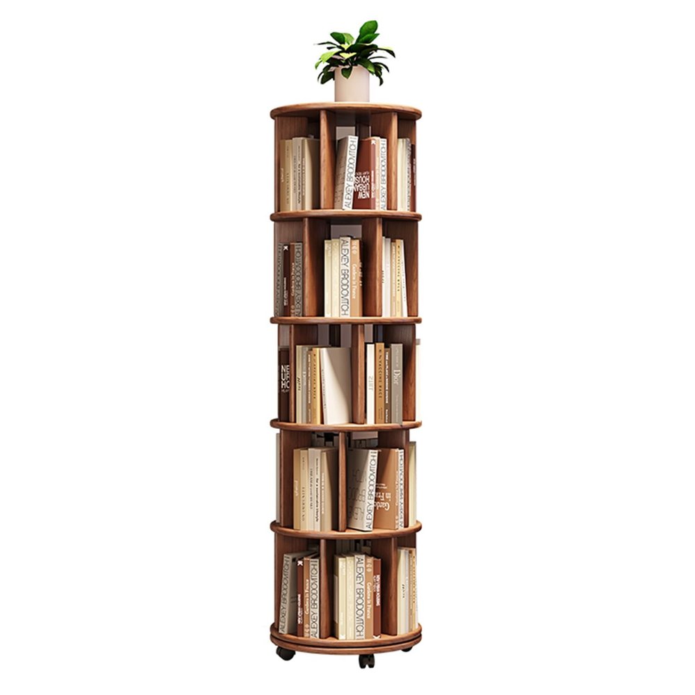 YVYKFZD Rotating Bookshelf, 360 Revolving Bookcase Tower, Rolling Display Storage Rack with Wheels, Solid Wood Corner Book Shelf Organizer, for Small Space, Kids Adults(Walnut,5 Tier 15.7"x15.7"x61.8