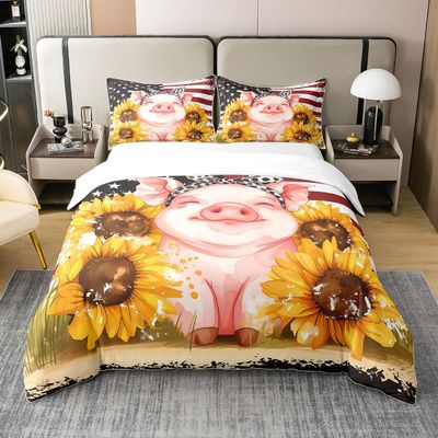 100% Cotton Cute Pink Pig Duvet Cover Full Size Watercolor Cartoon Yellow Retro Sunflowers Bedding Set for Kids Boys Girls American Flag Western Rustic Style Quilt Cover,2 Pillowcases(No Comforter)