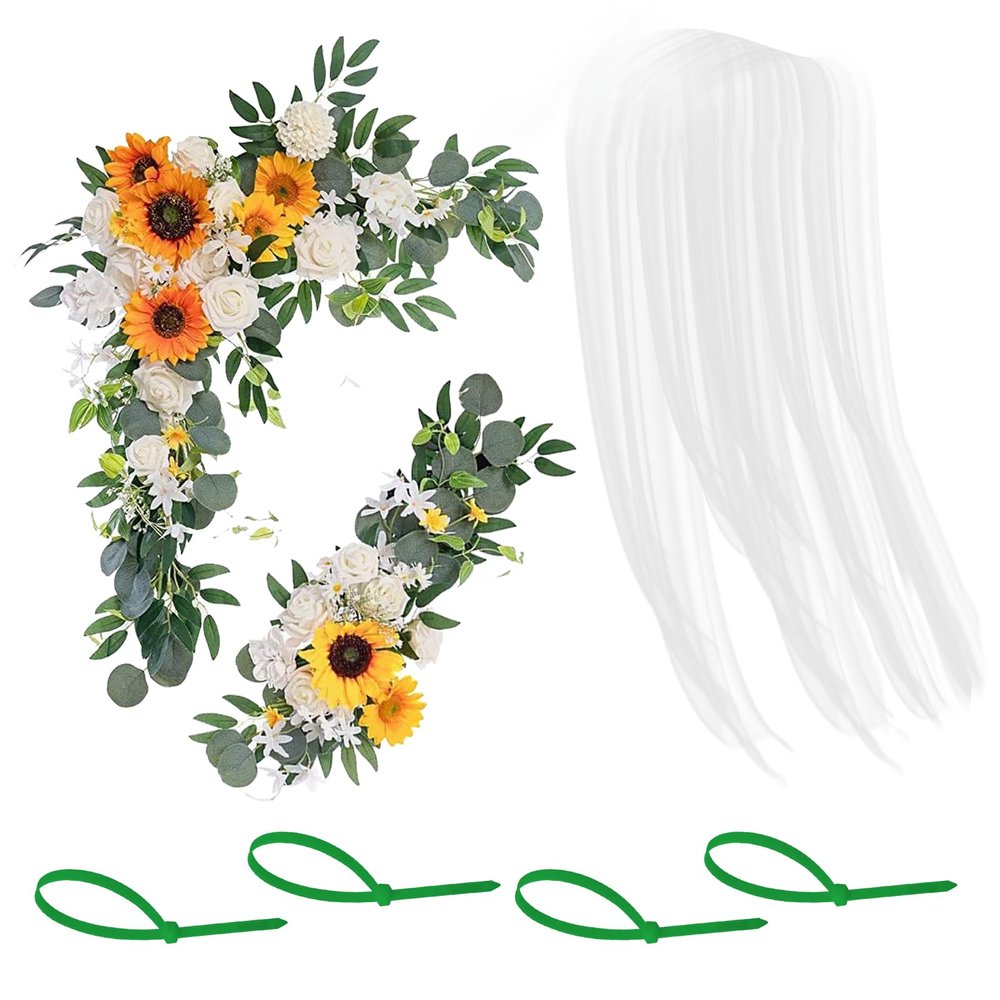 2 Pcs Wedding Sunflower Willows Leaves Swag with 1 Pcs Gauze Set, Rose Flower and Eucalyptus Mesh Kit for Ceremony Arch, Boho Welcome Sign Corner Flower, for Banquet,Party, Reception(Yellow White)