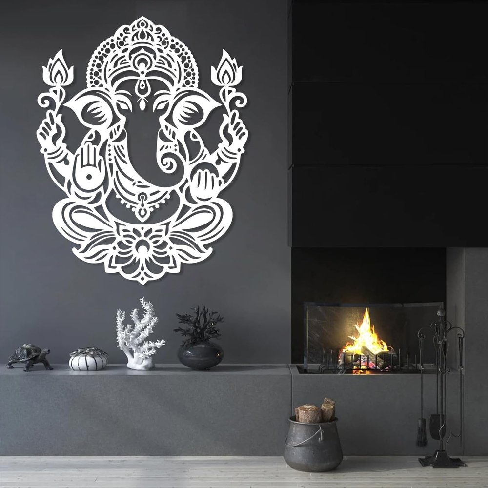 Metal Ganesha Wall Decor, Ganesha Metal Wall Art, Lotus Flower Metal Wall Art, Modern Hindu Large Metal Wall Art, Meditation Wall Art, Yoga Wall Art, Home Decor (White, 19"x24"|47x60cm)