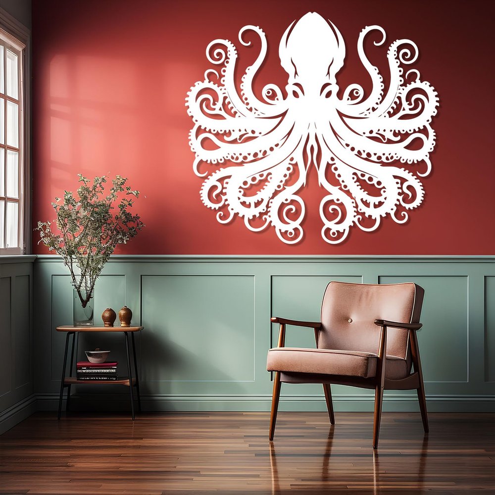 LARNT Metal Octopus Wall Art, Octopus Wall Decor, Ocean Monster Sculpture, Kraken Metal Wall Hanging, Sea Life Wall Decor, Nautical Wall Hanging, Bathroom Wall Art (White, 17"x19"|43x47cm)