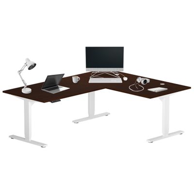 Progressive Desk Stand Up Height Adjustable Electric Standing Desk - L Shaped 72" x 60" Corner Computer Rising Workstation Table - White Frame, Roasted Walnut Top