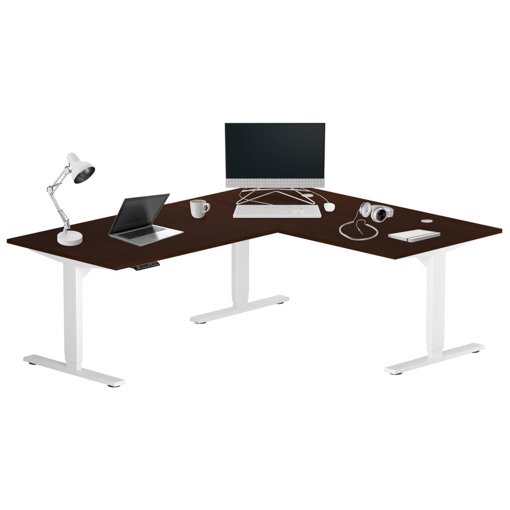 Progressive Desk Stand Up Height Adjustable Electric Standing Desk - L Shaped 72" x 60" Corner Computer Rising Workstation Table - White Frame, Roasted Walnut Top