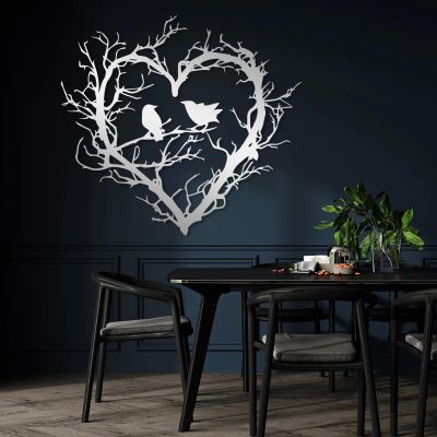 Birds on Branch Metal Wall Decor, Tree of Life Wall Art, Metal Heart Sign, Large Branch Hanging, Bird Sign, Above Bed Art, Bedroom Wall Decor, Love Gift (Silver, 35"x39"|90x100cm)