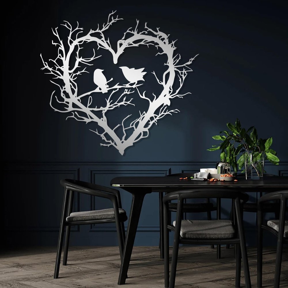 Birds on Branch Metal Wall Decor, Tree of Life Wall Art, Metal Heart Sign, Large Branch Hanging, Bird Sign, Above Bed Art, Bedroom Wall Decor, Love Gift (Silver, 35"x39"|90x100cm)
