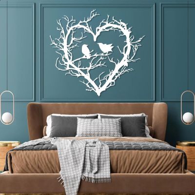 Birds on Branch Metal Wall Decor, Tree of Life Wall Art, Metal Heart Sign, Large Branch Hanging, Bird Sign, Above Bed Art, Bedroom Wall Decor, Love Gift (White, 35"x39"|90x100cm)