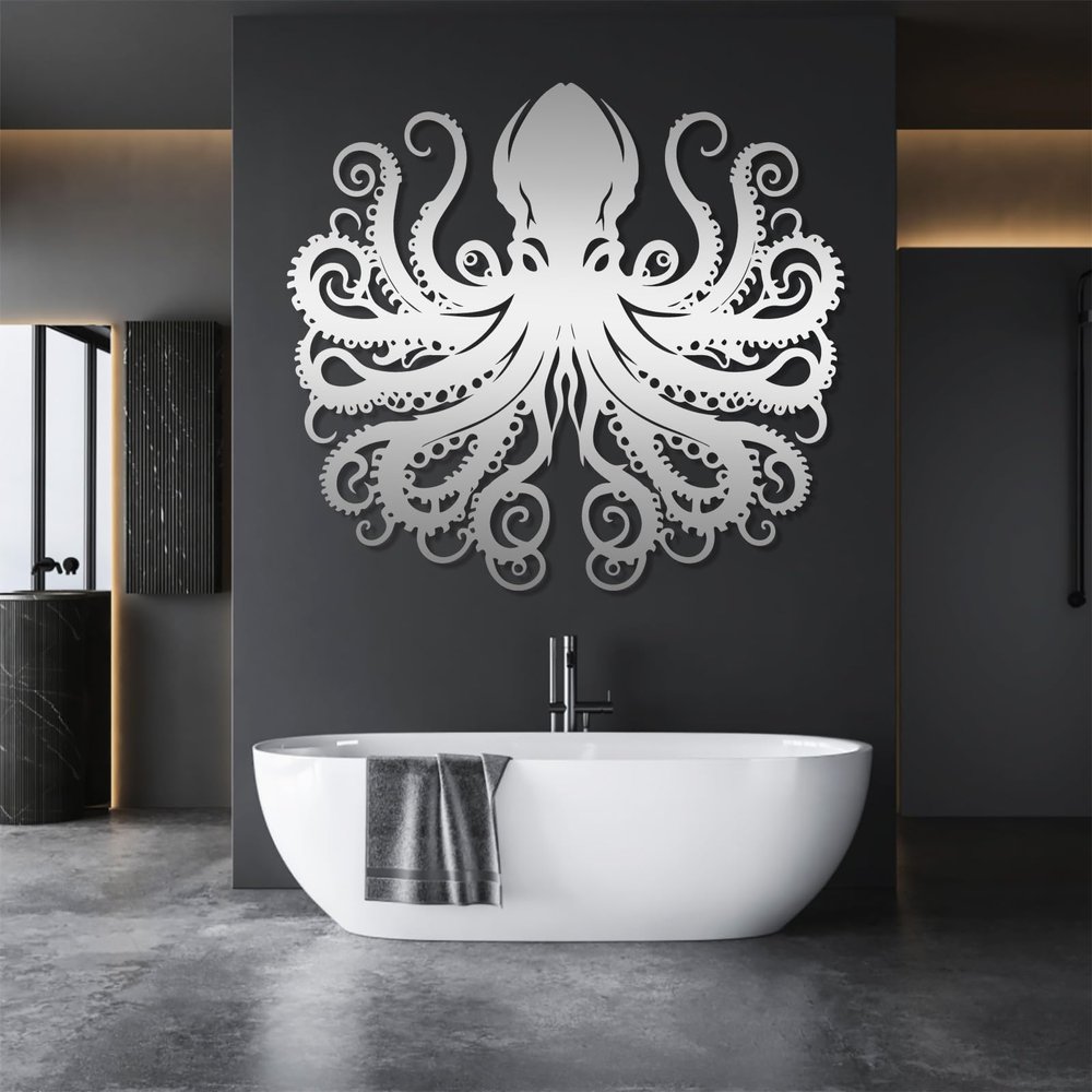 LARNT Metal Octopus Wall Art, Octopus Wall Decor, Ocean Monster Sculpture, Kraken Metal Wall Hanging, Sea Life Wall Decor, Nautical Wall Hanging, Bathroom Wall Art (Silver, 35"x39"|90x100cm)