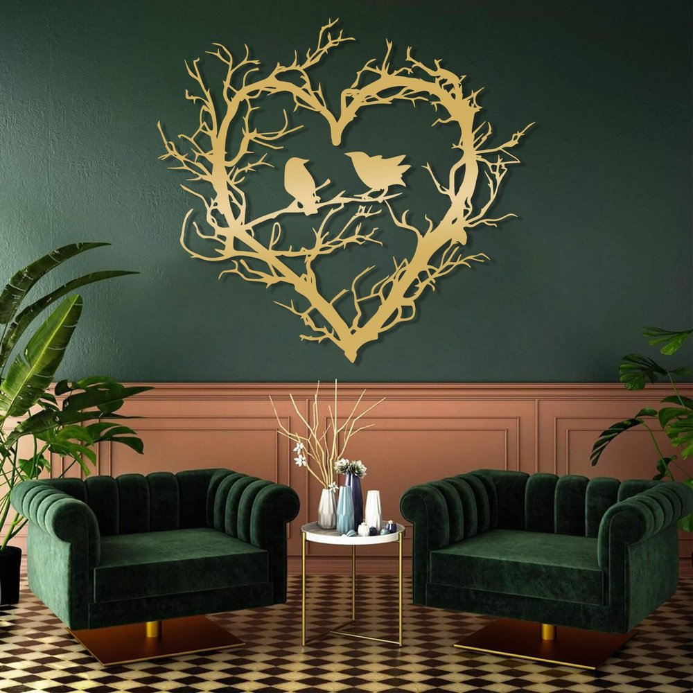 lecyin Birds on Branch Metal Wall Decor, Tree of Life Wall Art, Metal Heart Sign, Large Branch Hanging, Bird Sign, Above Bed Art, Bedroom Wall Decor, Love Gift (Gold, 25"x28"|63x70cm)