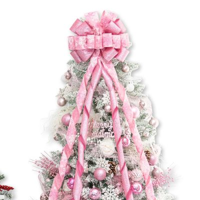 Hismir Christmas Tree Topper Bow53x13 Inches Large Christmas Bow with Glitter Streamer and Patterned RibbonDecorative Bows for Xmas Tree Wreath Door Festival Home Decor(Pink Snowflake)