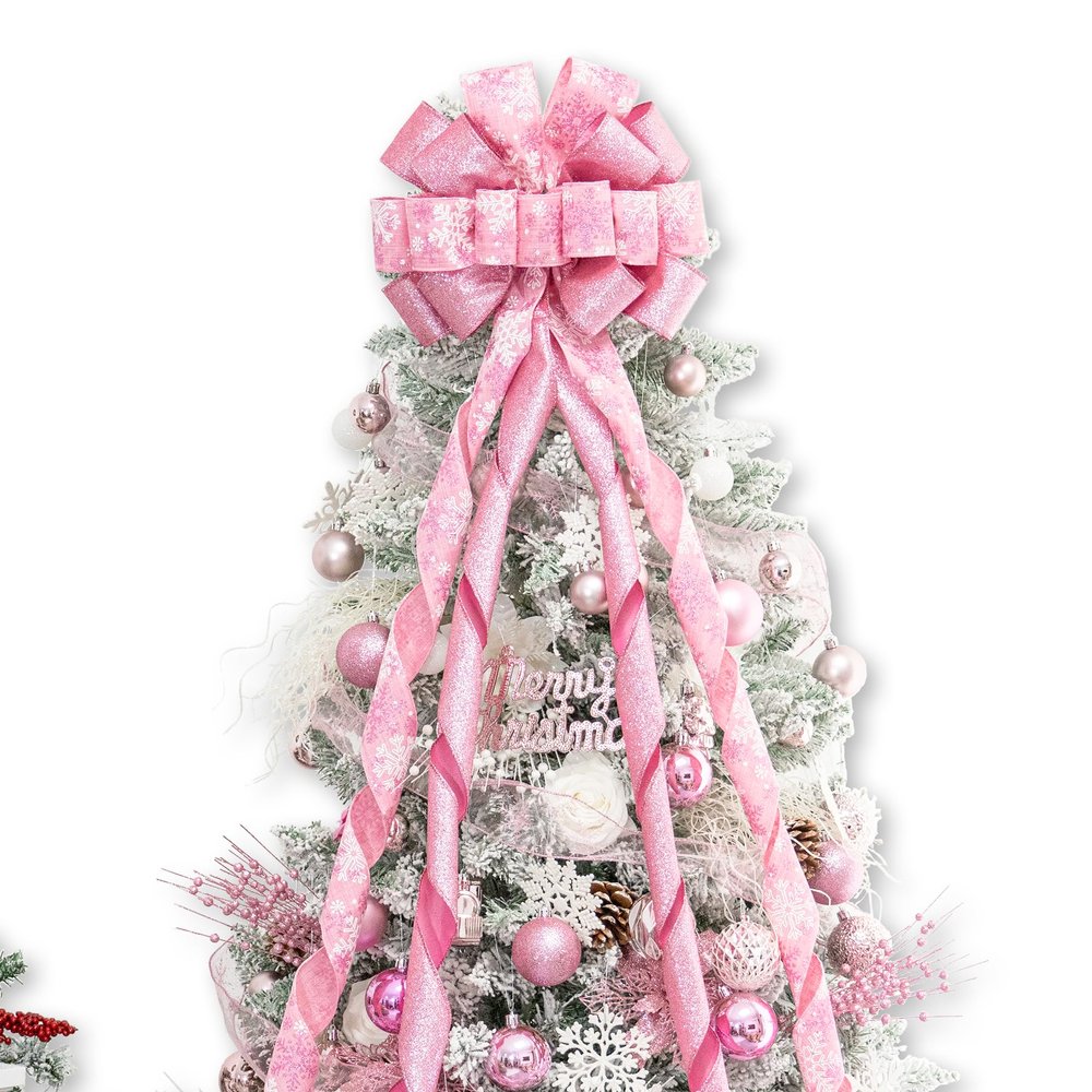 Hismir Christmas Tree Topper Bow53x13 Inches Large Christmas Bow with Glitter Streamer and Patterned RibbonDecorative Bows for Xmas Tree Wreath Door Festival Home Decor(Pink Snowflake)