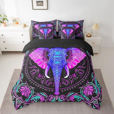 Erosebridal Exotic Elephant Queen Comforter Set 7 Piece Boho Chic Animal Floral Bed in A Bag Bohemian Hippie Bedding Set with Sheet Set and Pillow Covers,Reversible Black Bed Set