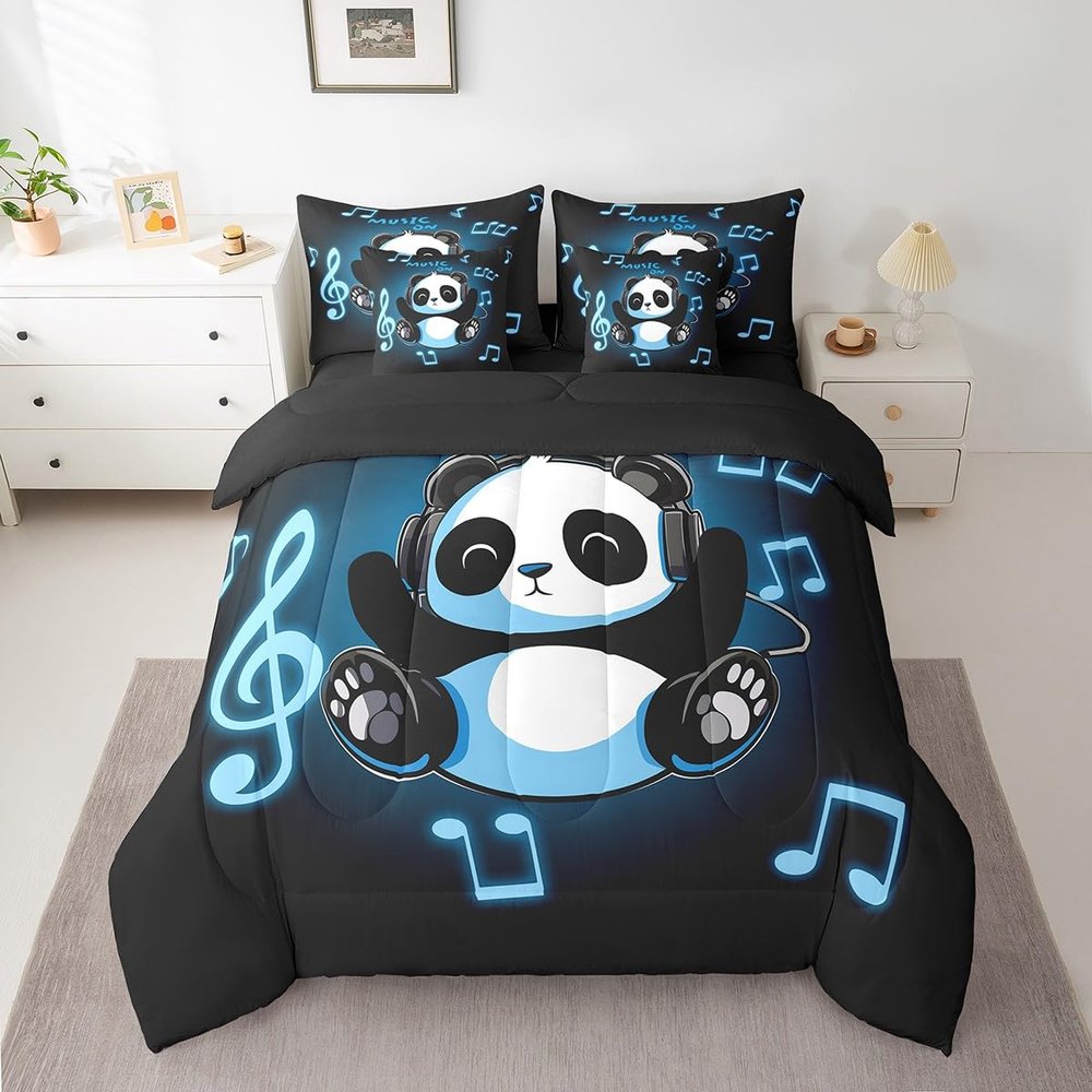 Erosebridal Kids Panda Bed in A Bag King Cute Black White Music Giant Panda Comforter Set 7 Piece for Boys Girls,Headset Musical Note Bedding Set Animal Bear Cat Bed Sheets with Comforter