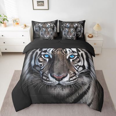 Erosebridal 7 Piece Tiger Comforter Set King Size 3D Animal Bed in A Bag for Kids Boys Men,Jungle Wildlife Bedding Set Tiger Bed Sheets with Comforter