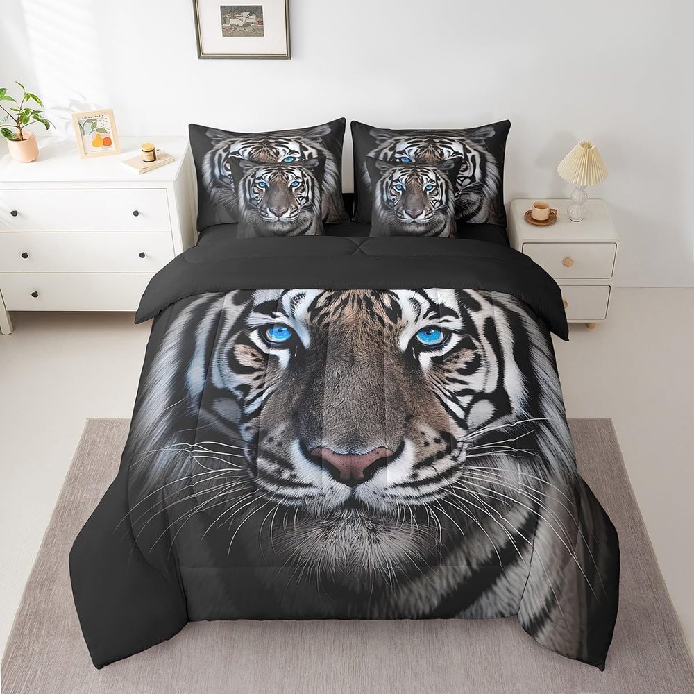 Erosebridal 7 Piece Tiger Comforter Set King Size 3D Animal Bed in A Bag for Kids Boys Men,Jungle Wildlife Bedding Set Tiger Bed Sheets with Comforter