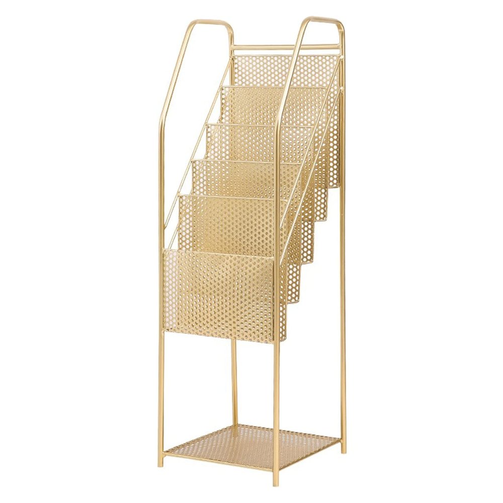 FENOKD Newspaper Racks Zine Display Rack Modern Floor Bookshelf Simple Shelf Newspaper Storage Rack Floor Zine Rack Wrought Iron Small Bookshelf Gold Zine Rack