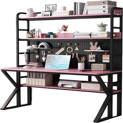 HomeLoft Basics Computer Desk, Vanity Desk, Bedside Tables,with Hutch,gaming Desk with Pegboard,home,pink,solid, Computertable with Storage Shelves Metal Legs(47.2"", Black pink)