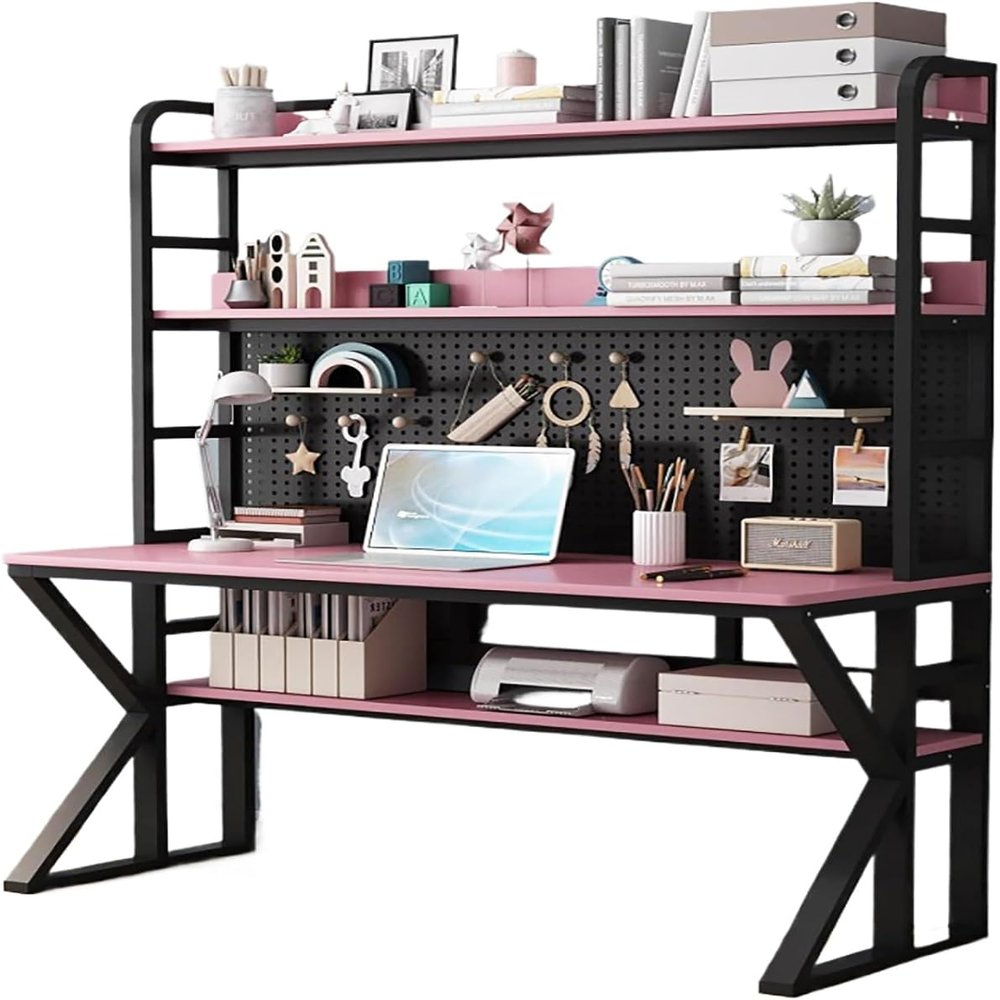 HomeLoft Basics Computer Desk, Vanity Desk, Bedside Tables,with Hutch,gaming Desk with Pegboard,home,pink,solid, Computertable with Storage Shelves Metal Legs(47.2"", Black pink)