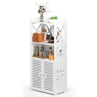 Sarkoyar Modern White Bathroom Storage Cabinet, 40cm x 24cm x 90cm, 4 Levels, 3 Shelves, 2 Compartments, 2 Doors, Freestanding, Sturdy PVC Construction, Easy Assembly