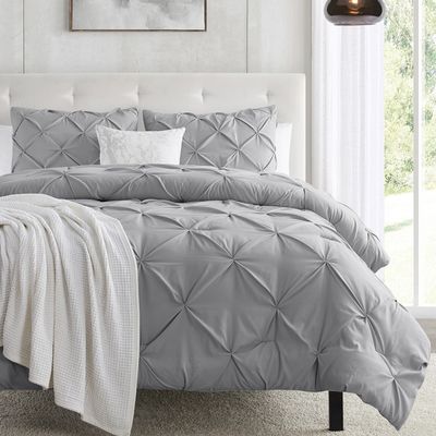 Nestl California King Duvet Cover Grey - Soft Double Brushed Duvet Set with Button Closure & Corner Ties, 3 Piece Luxurious Pinch Pleated Duvet Cover Set 104x98 Inches with 2 Pillow Shams
