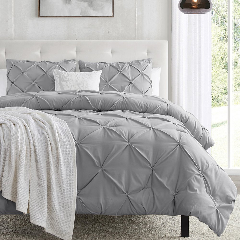 Nestl California King Duvet Cover Grey - Soft Double Brushed Duvet Set with Button Closure & Corner Ties, 3 Piece Luxurious Pinch Pleated Duvet Cover Set 104x98 Inches with 2 Pillow Shams