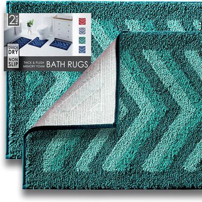 Hearth & Harbor Bathroom Rugs, Shaggy Plush Bath Mat, Ultra Soft Non Slip Backing Rubber, Chevron Design Bath Rug, Green, 2 Piece Set