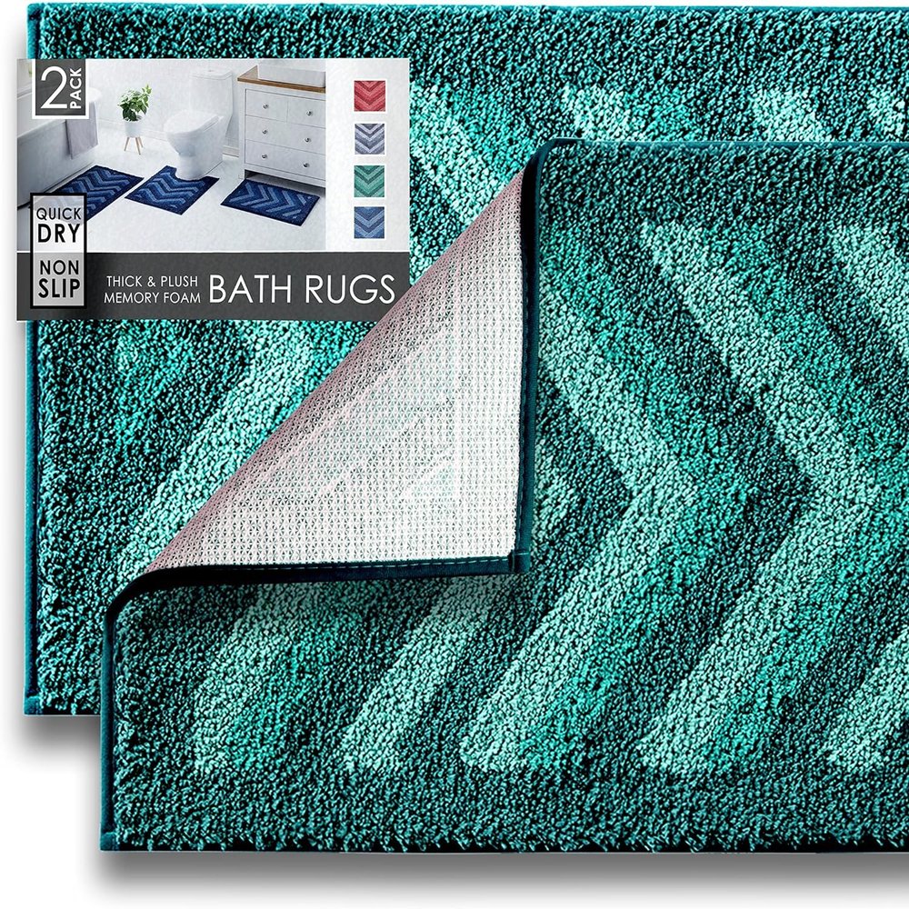 Hearth & Harbor Bathroom Rugs, Shaggy Plush Bath Mat, Ultra Soft Non Slip Backing Rubber, Chevron Design Bath Rug, Green, 2 Piece Set
