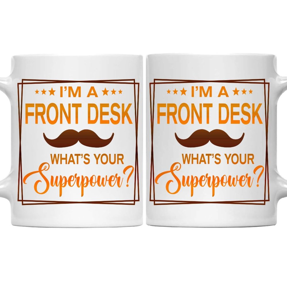 MONIZILUCKY Front Desk Coffee Mug - Funny Front Desk Gift - 11oz White Ceramic Cup for Work Office, Coworker, Birthday, Christmas, Retirement