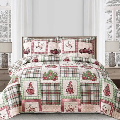 Christmas Bedding Set Twin Christmas Quilt Bedspread Xmas Coverlet,Red Green Plaid Patchwork Christmas Quilt Bedding Holiday Christmas Quilt Bedspread Lightweight Reversible Gnome Christmas Decor Gift