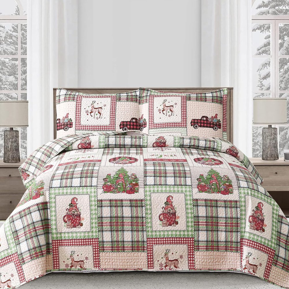 Christmas Bedding Set Twin Christmas Quilt Bedspread Xmas Coverlet,Red Green Plaid Patchwork Christmas Quilt Bedding Holiday Christmas Quilt Bedspread Lightweight Reversible Gnome Christmas Decor Gift