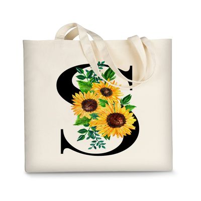 AUSVKAI Canvas Tote Bag Aesthetic for Women, Cute Sunflower Initial Trendy Monogram Personalized Initial Birthday Reusable Cloth Cotton Bags with Handle for Grocery College Shopping Beach