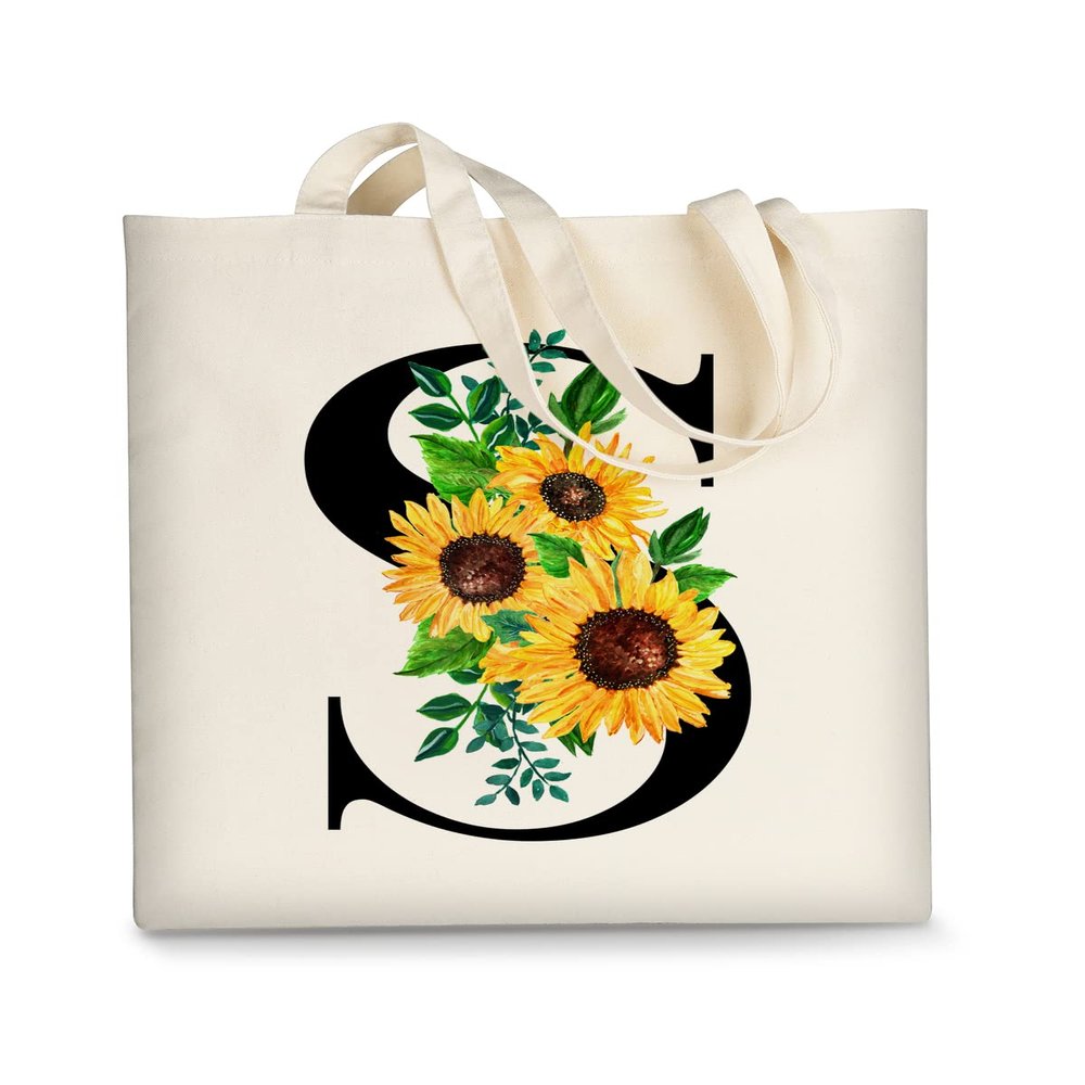 AUSVKAI Canvas Tote Bag Aesthetic for Women, Cute Sunflower Initial Trendy Monogram Personalized Initial Birthday Reusable Cloth Cotton Bags with Handle for Grocery College Shopping Beach