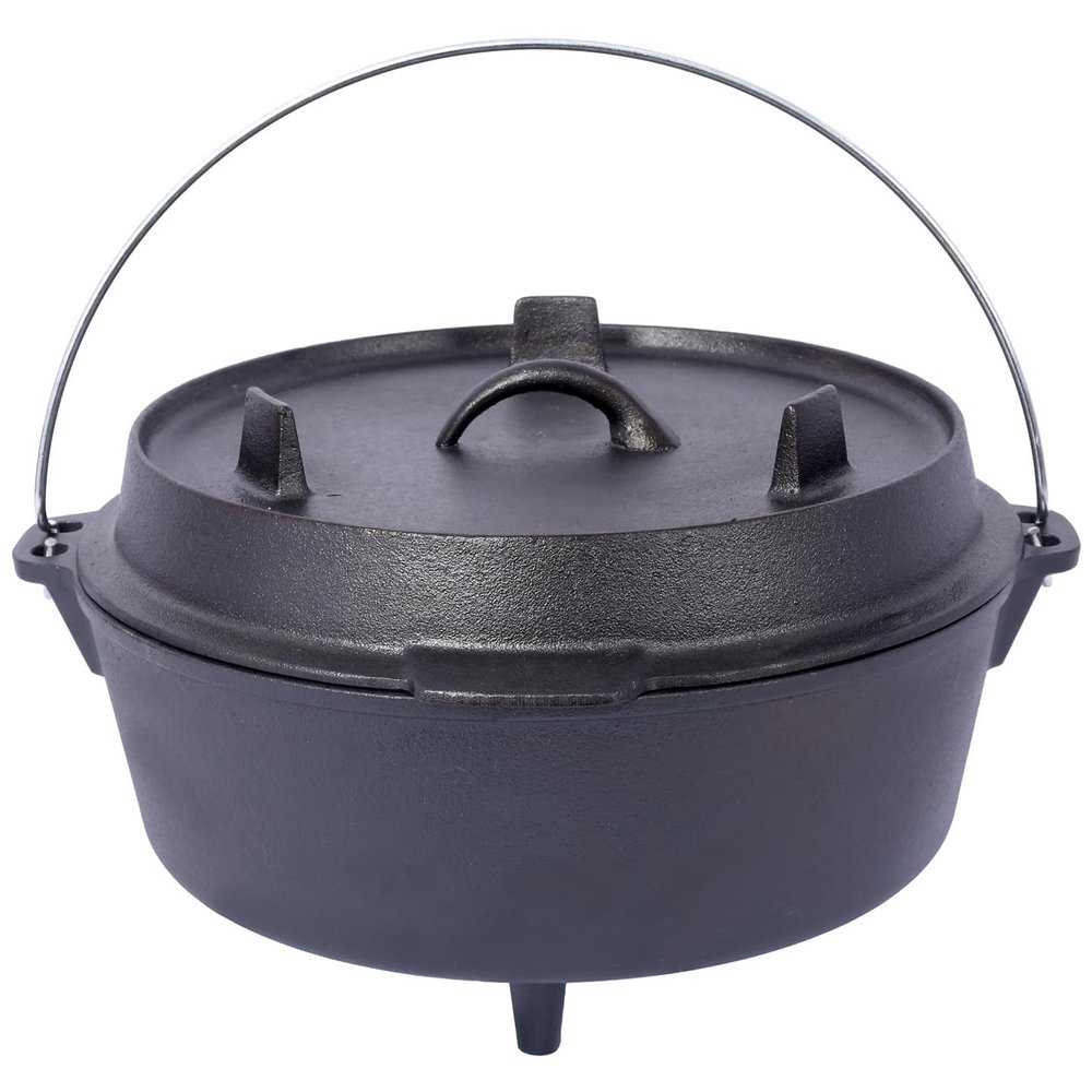 Camping Dutch Oven, Pre-Seasoned Camp Cookware Pot With Lid - Lid Lifter, Cast Iron Deep Pot with Metal Handle for Camping Cooking BBQ Baking Campfire, Black (6 QT)
