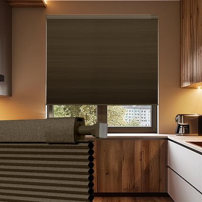 Boolegon No Drill Linen Pattren Cellular Shades for Windows Blackout Honeycomb Blinds Cordless No Tools Pull Down Shades Easy Install Cellular Blinds for Home and Office, Brown, 23.5" W x 78" H