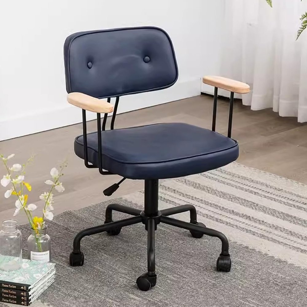 ORGBBAPL Small Study Chair Computer Chair Retro Desk Chair Leather,Accent Armchair Modern Ergonomic Chair with Wheels, Swivel Chair for Home Office, Size, Navy Blue
