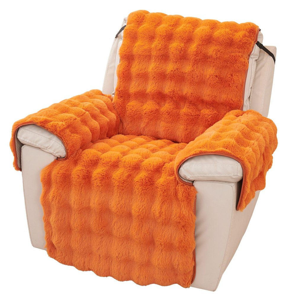 vctops Faux Fur Fluffy Recliner Chair Slipcover Faux Rabbit Fur Non Slip Sofa Cover Super Soft Plush Thick Couch Cover Furniture Protector with Elastic Straps for Kids, Dogs, Pets(Orange,24")
