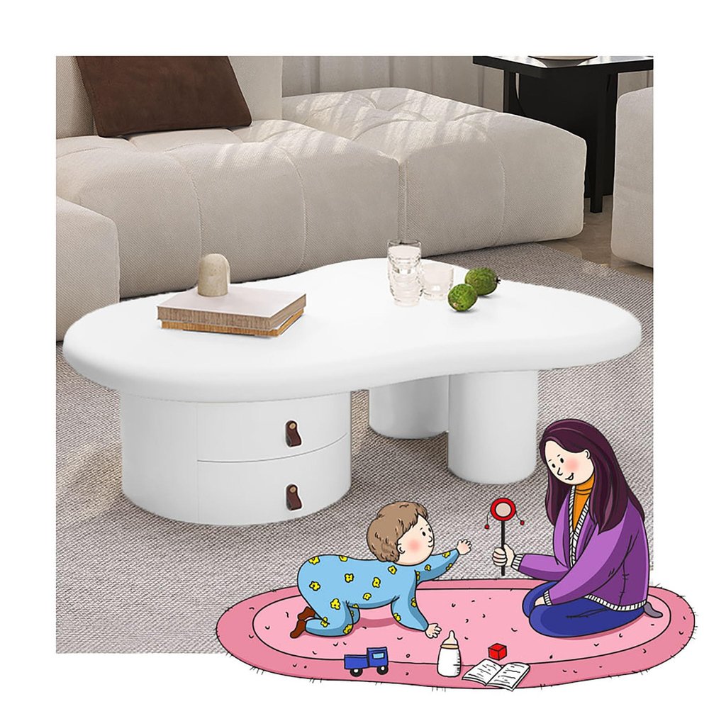 Clouds Coffee Table, With double-layer drawer and Thickened Table Legs, Modern irregular Clouds shape Coffee Table, Upgraded Cute End Table, Irregular Indoor Tea Table for Living Room, Balcony(White,1