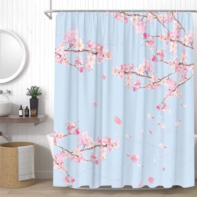 YSSFAV Cherry Blossom Shower Curtain Asian Japanese Chinese Plum Floral Aesthetic Blue Bathroom Decor Curtains Set with Hooks, 55" W x 70" H