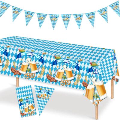 Oktoberfest Decorations Table Cloth Favors Set, Octoberfest Blue White Diamonds Checkered Beer Party Tablecloth Cover and Bavarian Banner Flag for Festival Themed Supplies Gift Celebration Decor