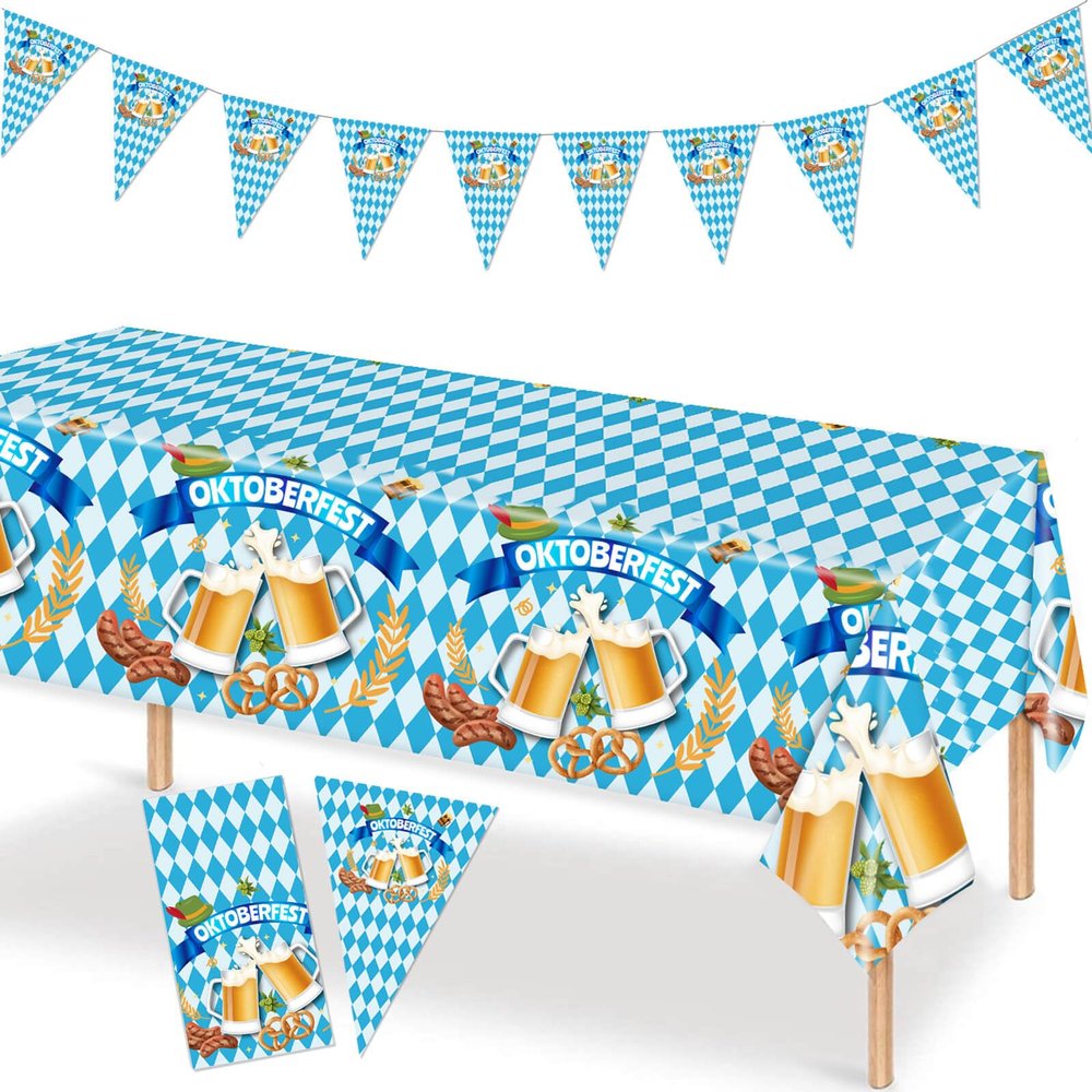 Oktoberfest Decorations Table Cloth Favors Set, Octoberfest Blue White Diamonds Checkered Beer Party Tablecloth Cover and Bavarian Banner Flag for Festival Themed Supplies Gift Celebration Decor