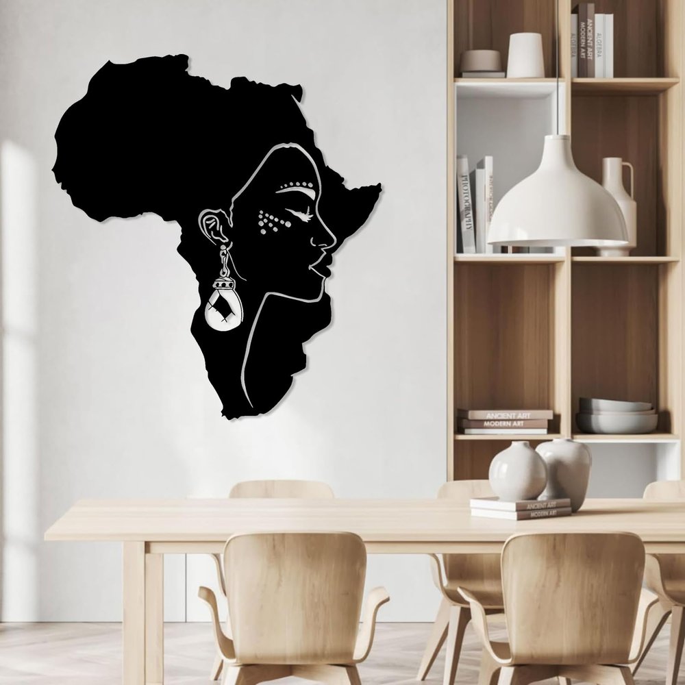 Africa Woman Metal Wall Art, Africa Map Metal Wall Decor, African Wall Art, Metal Africa Map Decor, Black Woman Wall Art, Woman Silhouette Wall Art, Wall Decor Living Room (Black, 35"x39"|90x100cm)