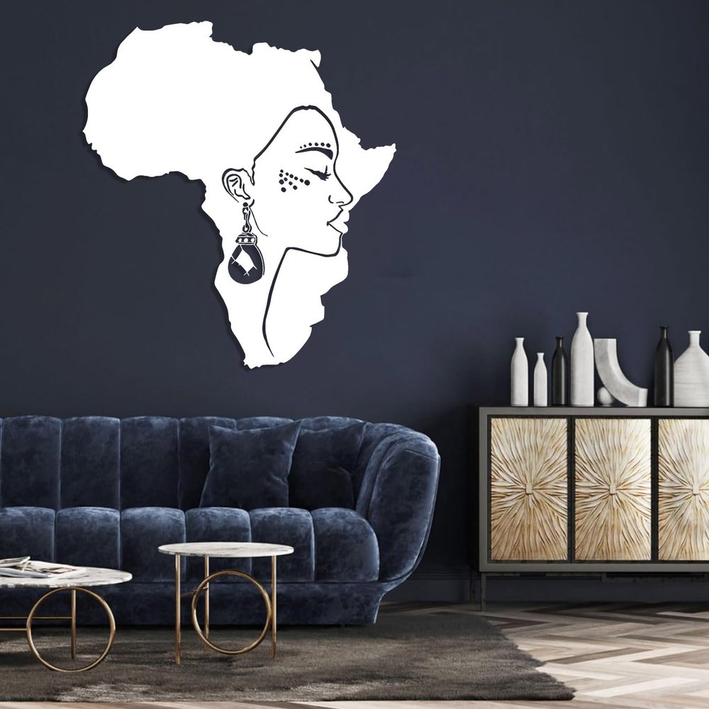 Africa Woman Metal Wall Art, Africa Map Metal Wall Decor, African Wall Art, Metal Africa Map Decor, Black Woman Wall Art, Woman Silhouette Wall Art, Wall Decor Living Room (White, 35"x39"|90x100cm)