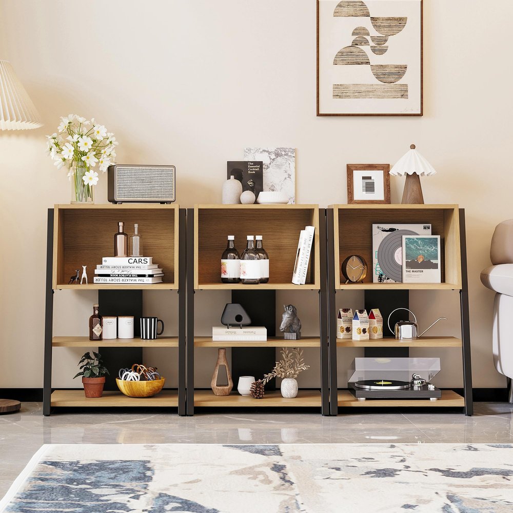 Fenge Bookshelf, 4 Tier Industrial Bookcase, Ladder Book Shelf with Storage Organizer, Small Bookshelves and bookcases for Office, Bedroom, Living Room (3 Pack)