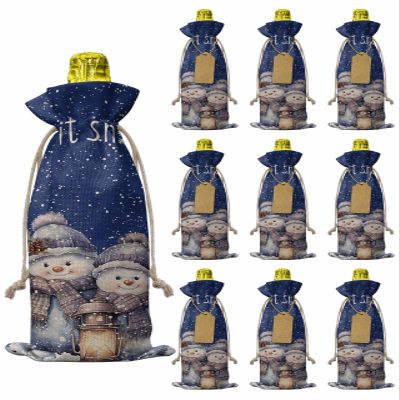 10pcs Linen Burlap Wine Bags with Drawstring Christmas Watercolor Cute Snowflake Snowman Blue Wine Gift Bag with Tags Reusable Wine Bottle Gift Bags for Christmas Birthday Wine Tasting Party Supplies