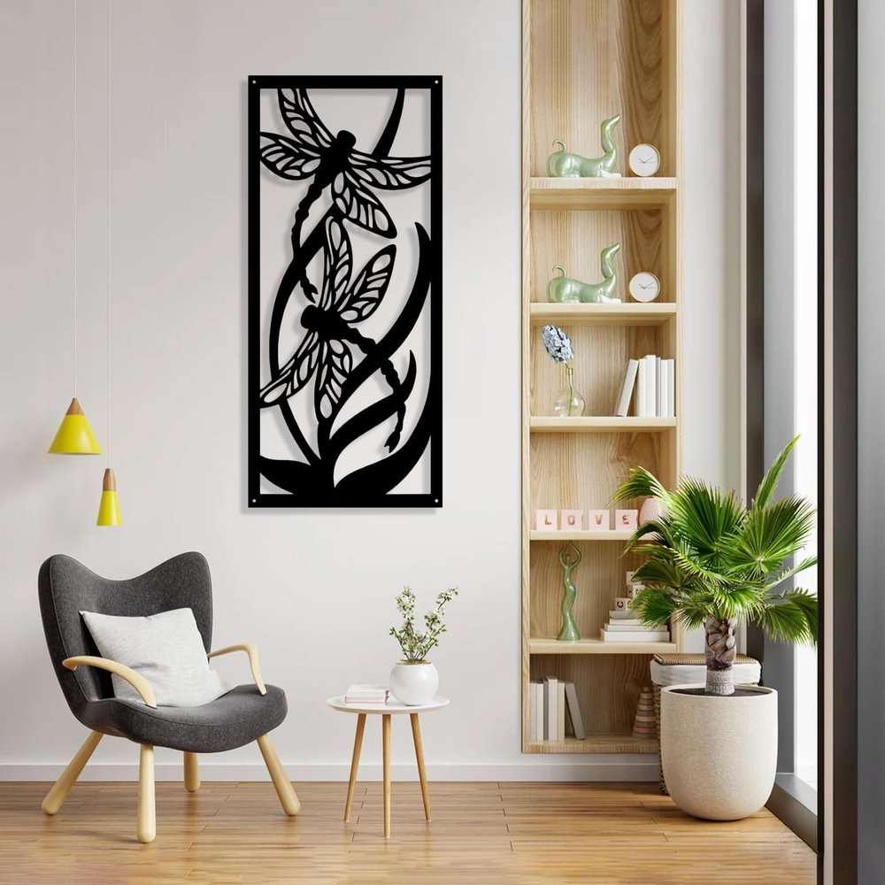 Metal Dragonfly Wall Decor, Dragonfly Metal Wall Art, Metal Insects Wall Decor, Dragonfly Nature Home Decor, Metal Dragonfly Outdoor Decor, Nature Wall Art, Living Room Wall Art (Black, 21x48 in | 54x121 cm)