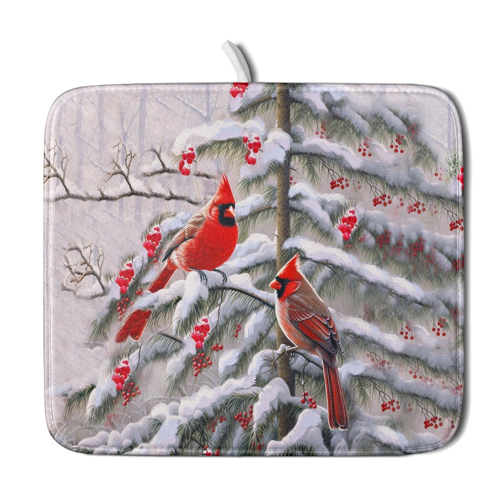 Red Birds Dish Drying Mat Winter Berry Dish Drainer Mats Absorbent Reversible Microfiber Kitchen Countertop Protector Dishes Pad 16x18 inch