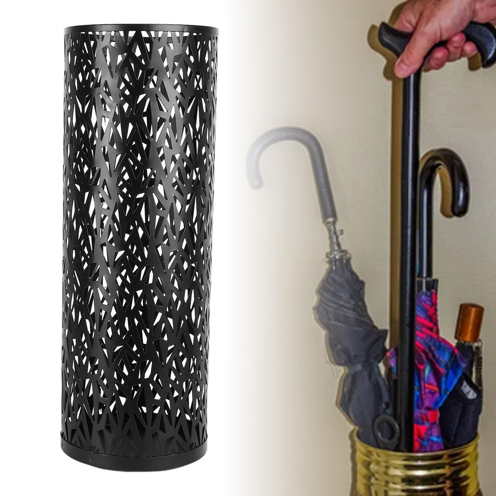 BEIJIALY Metal Umbrella Holder, Umbrella Stand Rack for Entryway, Metal Hollowed Freestanding Round Umbrella Holder Organizer Bin for Home Hotel Office Decor(Black Medium)